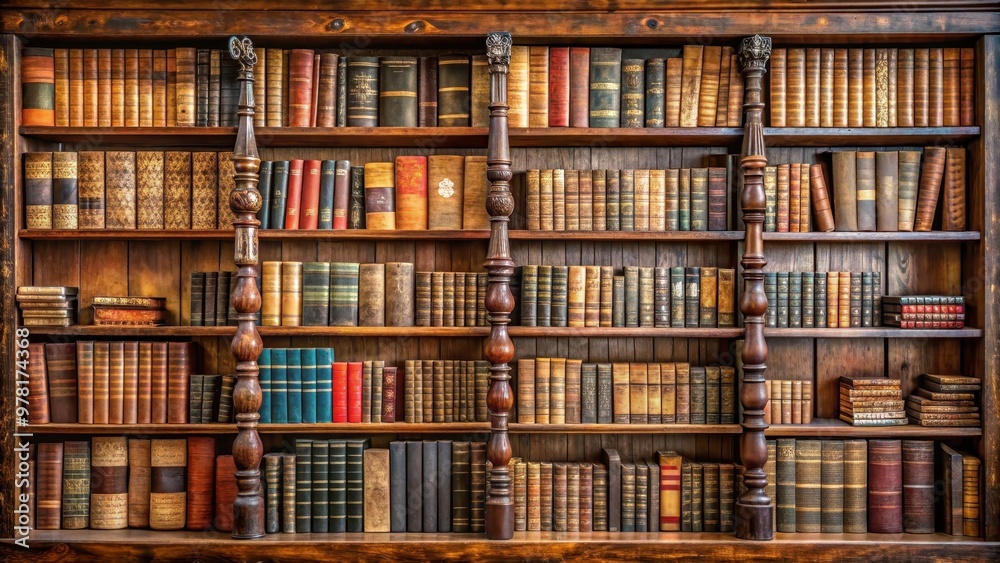 Antique wooden shelf full of rare and valuable books , Vintage, library, collection, literature, old, books, bookstore