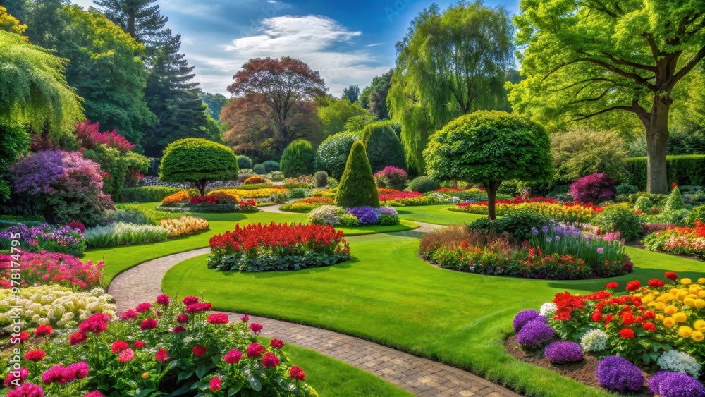 Lush greenery and colorful flowers in a well-manicured park setting, park, landscaping, beautiful, outdoors, nature, greenery Lush greenery and colorful flowers in a well-manicured park setting, park, landscaping, beautiful, outdoors, nature, greenery