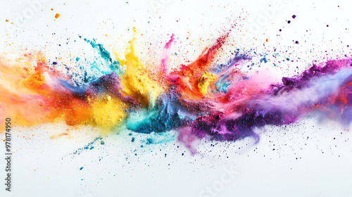 A vibrant explosion of colorful powder creates an abstract art piece, showcasing dynamic shapes and contrasting hues.