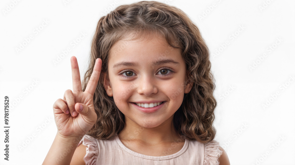A young pre-teen girl giving the peace sign and smiling. Large brown eyes. Wearing a pink dress. Isolated against a white background. A young pre-teen girl giving the peace sign and smiling. Large brown eyes. Wearing a pink dress. Isolated against a white background.