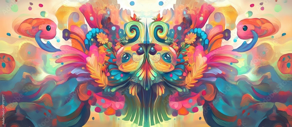 Symmetrical and vibrant surreal background featuring whimsical fantasy elements Symmetrical and vibrant surreal background featuring whimsical fantasy elements