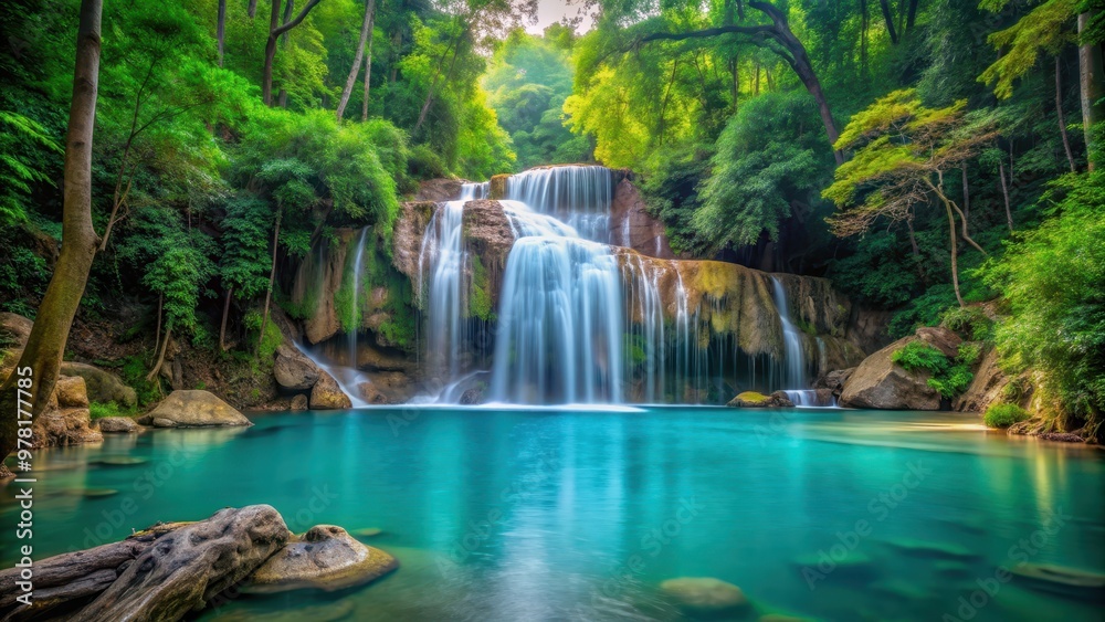 Erawan Waterfall in Thailand surrounded by lush greenery and turquoise pools , Erawan Waterfall Erawan Waterfall in Thailand surrounded by lush greenery and turquoise pools , Erawan Waterfall