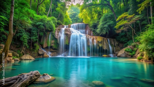 Erawan Waterfall in Thailand surrounded by lush greenery and turquoise pools , Erawan Waterfall