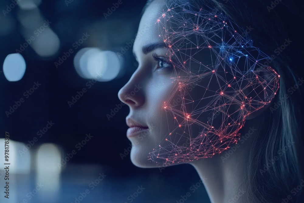 Woman with glowing red neural structures on her head symbolizing cognitive breakthroughs artificial intelligence and the advanced exploration of neural networks in a future driven world Woman with glowing red neural structures on her head symbolizing cognitive breakthroughs artificial intelligence and the advanced exploration of neural networks in a future driven world