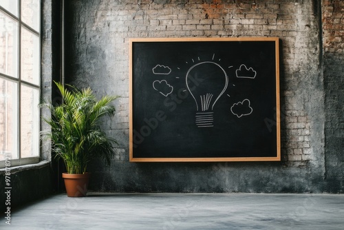 Playful Infographic on Chalkboard in Vibrant Loft Space with Colorful Murals and Plants, Bathed in Warm Sunlight photo