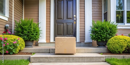 Package delivery of online shopping on a front doorstep of a residential home, online shopping