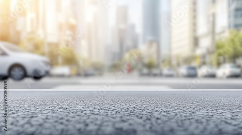 Empty Urban Street with Blurred Cityscape Background Featuring Prominent Ad Space Ideal for Car Advertisement. Sleek and Modern Design Perfect for Stock Imagery.