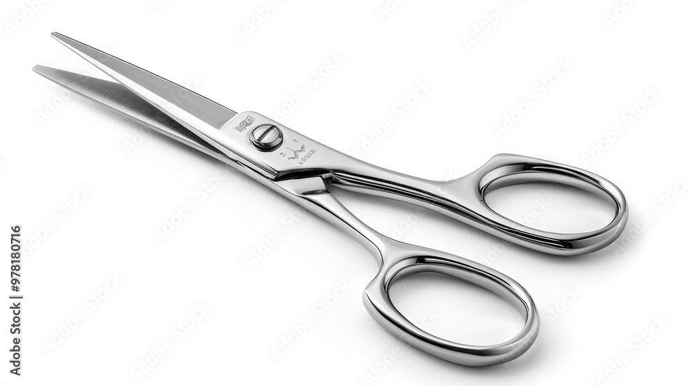 Close up of Shiny Metallic Scissors Lying on a White Background Representing Office Equipment and Precision Cutting Tools Close up of Shiny Metallic Scissors Lying on a White Background Representing Office Equipment and Precision Cutting Tools