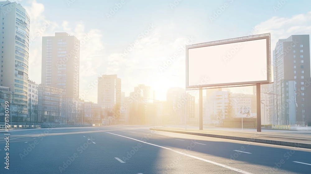 Obraz premium Empty Urban Street with Blurred Cityscape Background Featuring Prominent Ad Space Ideal for Car Advertisement. Sleek and Modern Design Perfect for Stock Imagery.