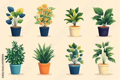 Illustration of Potted Plants with Various Green Foliage