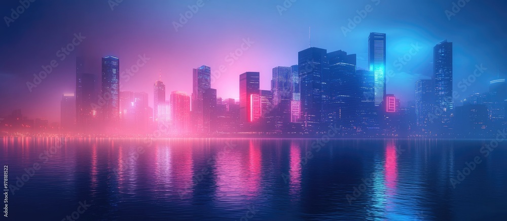 Dramatic Night Scene Along A River With Neon Lights Reflecting On Calm Water Evaporated Cityscape In Atmospheric Mist With Modern Skyscrapers In The Background Digital Art 3D Illustration Dramatic Night Scene Along A River With Neon Lights Reflecting On Calm Water Evaporated Cityscape In Atmospheric Mist With Modern Skyscrapers In The Background Digital Art 3D Illustration