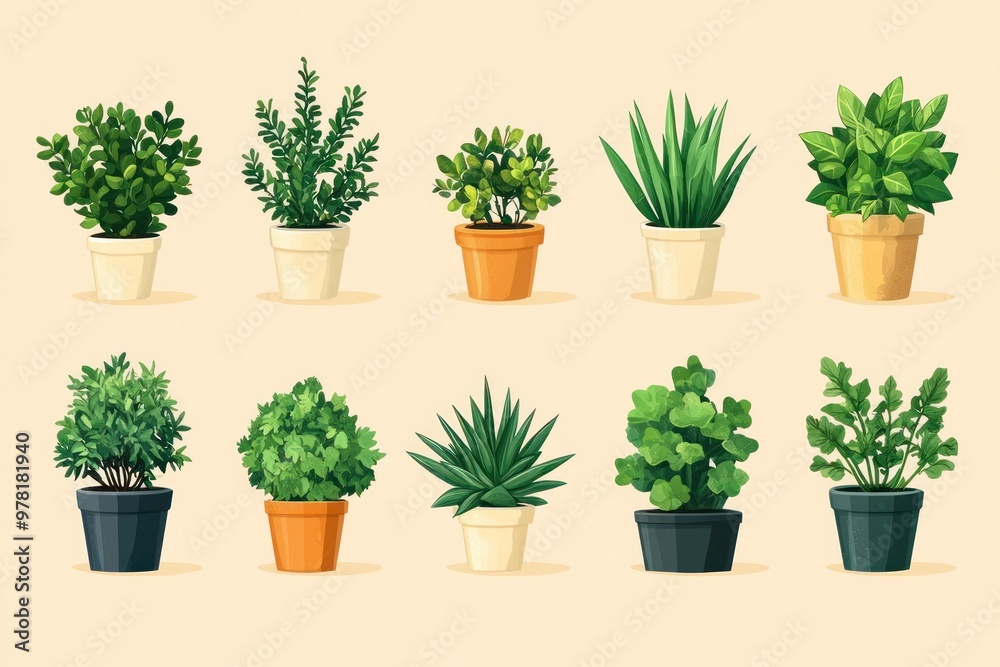Illustration of Various Indoor Plants in Pots Illustration of Various Indoor Plants in Pots