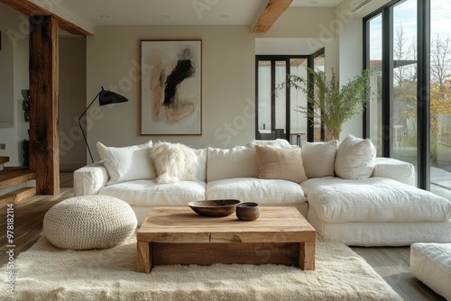 Cozy living room with natural decor and soft textures.