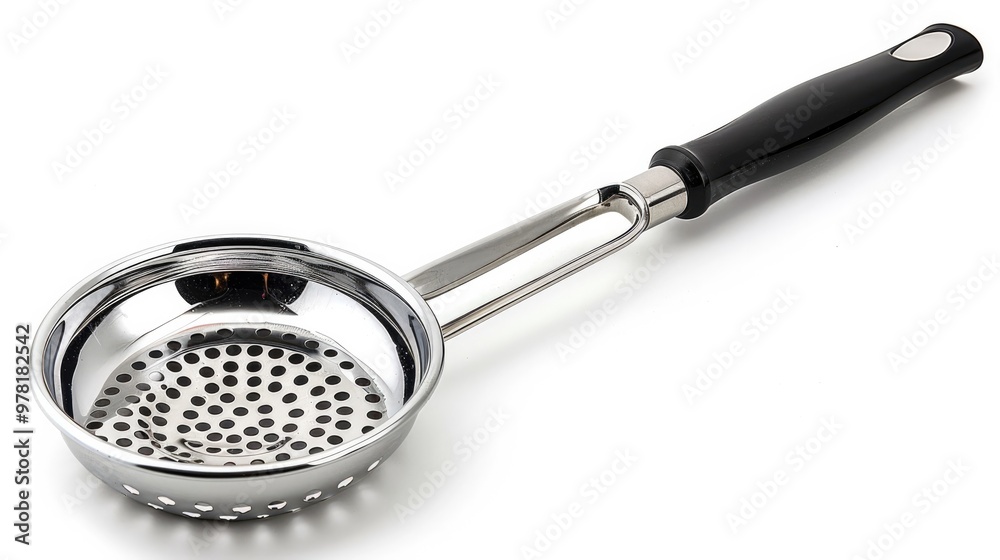 Stainless Steel Kitchen Utensil a metallic cooking tool with a handle resting on a simple white background This minimalist clean image showcases the modern design and shine of the kitchen accessory Stainless Steel Kitchen Utensil a metallic cooking tool with a handle resting on a simple white background This minimalist clean image showcases the modern design and shine of the kitchen accessory