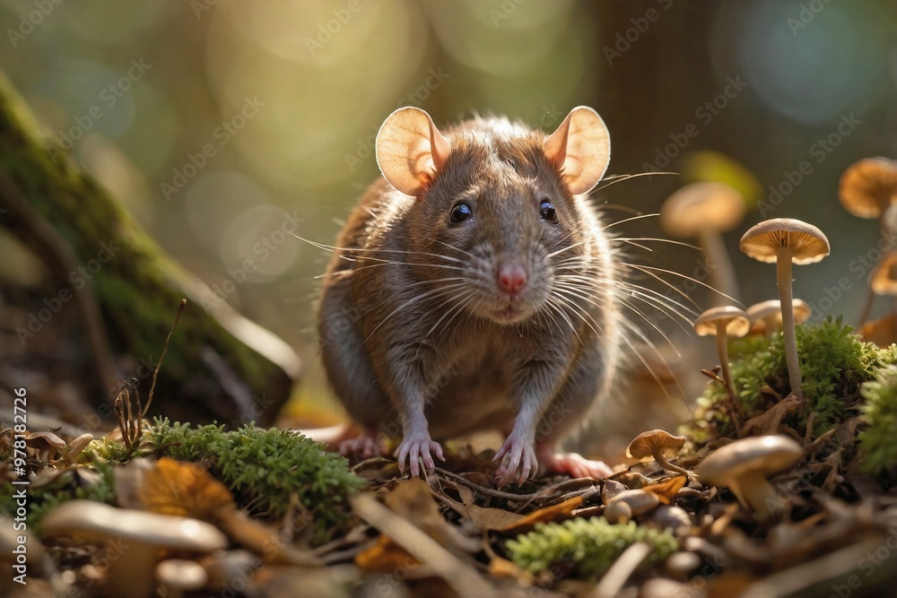 Rat Exploring a Sunlit Forest Floor: A curious brown rat scurrying through a sun-dappled forest floor, surrounded by fallen leaves, twigs, and small mushrooms. Rat Exploring a Sunlit Forest Floor: A curious brown rat scurrying through a sun-dappled forest floor, surrounded by fallen leaves, twigs, and small mushrooms.
