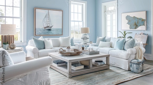 Charming coastal living room with light blue walls, white furnishings, and nautical decor for a fresh, beach-inspired atmosphere.