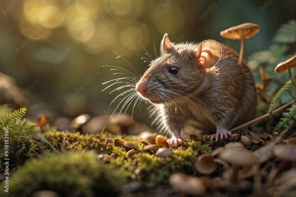 Rat Exploring a Sunlit Forest Floor: A curious brown rat scurrying through a sun-dappled forest floor, surrounded by fallen leaves, twigs, and small mushrooms. Rat Exploring a Sunlit Forest Floor: A curious brown rat scurrying through a sun-dappled forest floor, surrounded by fallen leaves, twigs, and small mushrooms.