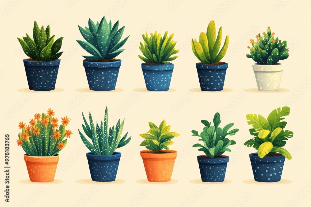 Illustration of 10 Different Potted Plants with Yellow and Blue Pots Illustration of 10 Different Potted Plants with Yellow and Blue Pots