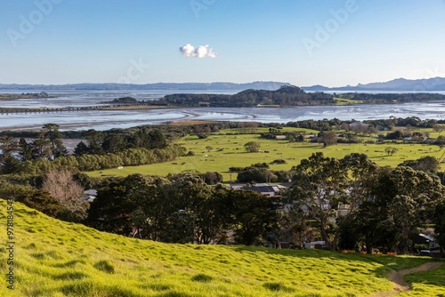 View from mangere Mountain out to Ambury Farm and the manukau Harbour. Mangere, Auckland,, New Zealand. photo