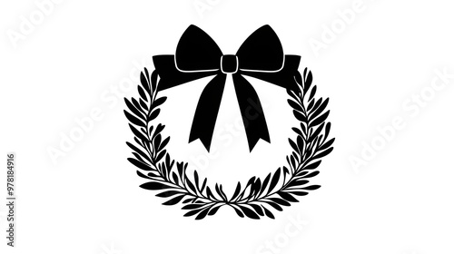 Christmas wreath with ribbon illustration icon for logo, black silhouette of plant, isolated on white background