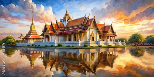 Serene painting of Wat Kalayanamitr with soft brushstrokes, Japanese, style, painting, tranquil photo