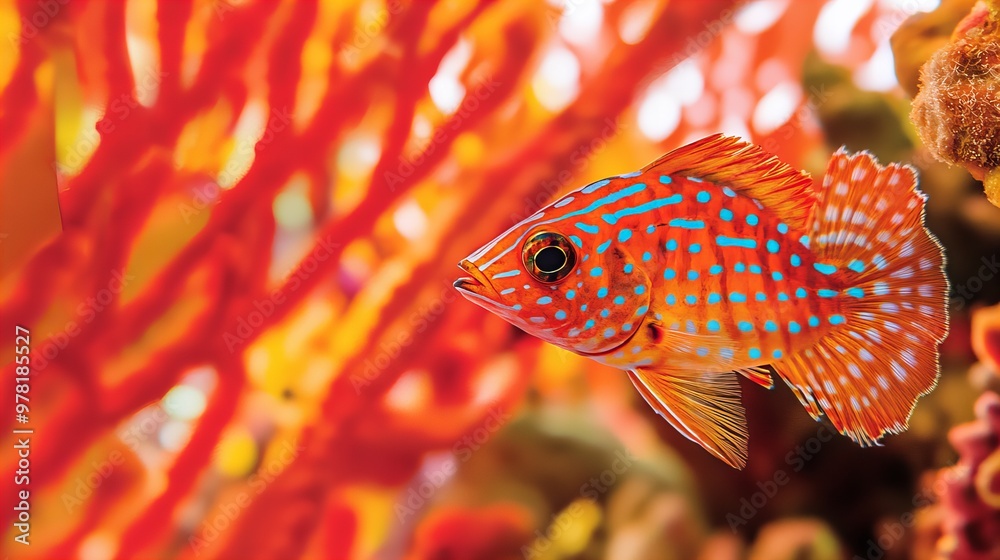 Obraz premium A vibrant orange fish with blue spots swimming gracefully among colorful coral.