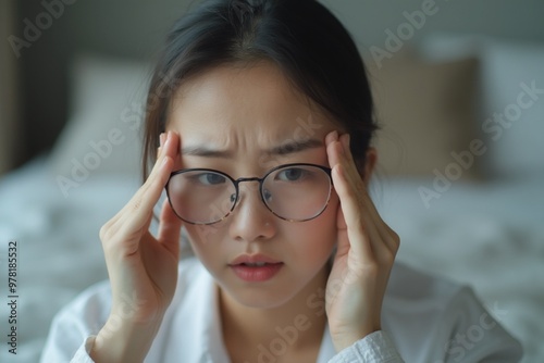 Eye problem concept, fatigue asian young woman tired eyes, irritated rubbing eye dry relief vision pain after work on laptop computer, eye strain, while wearing glasses, suffer migraine, bad blurry. 