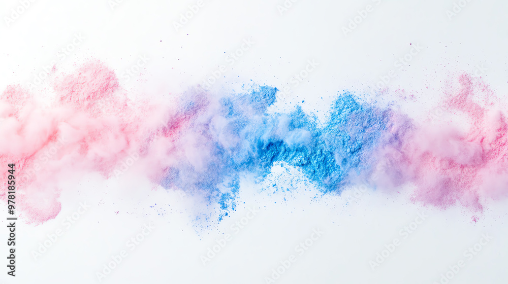Obraz premium Colorful powder explosion creating vibrant clouds of pink and blue against a white background, perfect for artistic designs.