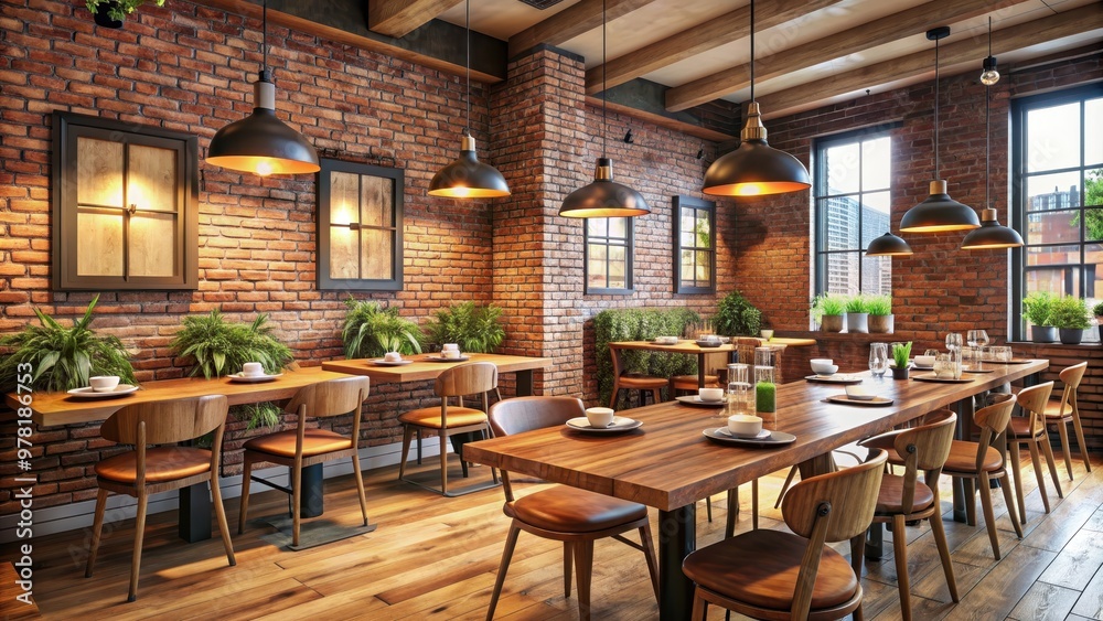 Modern cozy Italian restaurant interior with rustic wooden tables, pendant lighting, and brick walls, restaurant, cozy Modern cozy Italian restaurant interior with rustic wooden tables, pendant lighting, and brick walls, restaurant, cozy