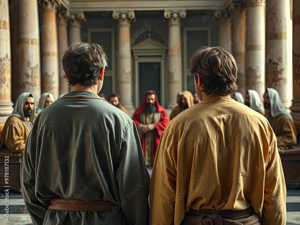 Naklejka premium Gospel Images from the Bible NT - Peter and John stand trial before the Sanhedrin defending miracle of healing lame man
