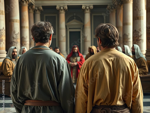 Gospel Images from the Bible NT - Peter and John stand trial before the Sanhedrin defending miracle of healing lame man