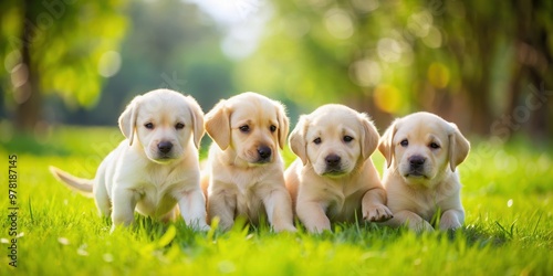 Labrador puppies playing on green grass , playful, energetic, cute, adorable, dogs, pets, outdoors, sunny, fluffy, fur