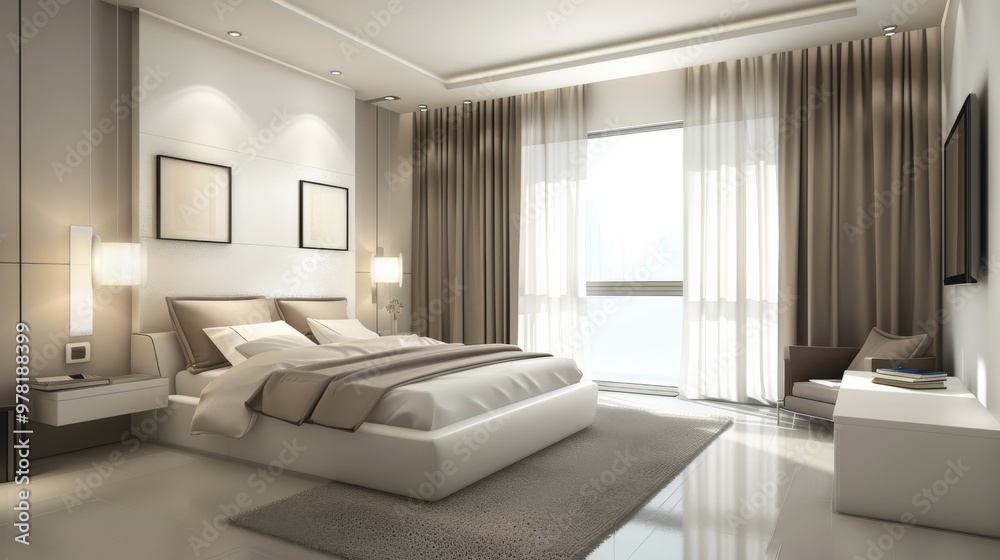 Modern bedroom featuring sleek furniture, neutral tones, and chic decor for an elegant and calming retreat. Modern bedroom featuring sleek furniture, neutral tones, and chic decor for an elegant and calming retreat.