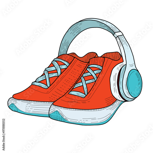  Snickers. Sports shoes with headphones. Casual fashion. Gym. Relax.  Equipment. Fitness routine. Active lifestyle. Hand-drawn colorful illustration. Line art snickers
