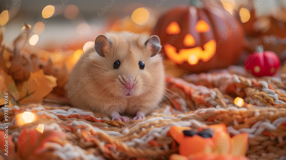 Content hamster sitting on a Halloween-themed blanket with Halloween toys in a cozy indoor setting Content hamster sitting on a Halloween-themed blanket with Halloween toys in a cozy indoor setting