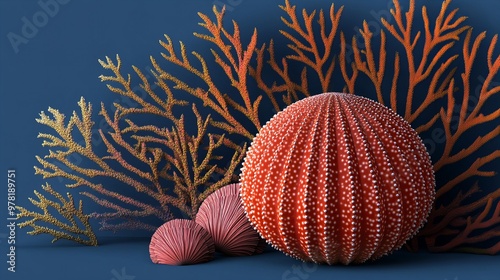 Vibrant underwater scene featuring red sea urchins and delicate coral formations. photo