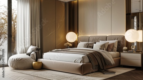 Sophisticated bedroom design with sleek furniture, neutral hues, and modern decor offering a clean and stylish look.