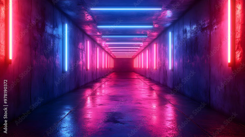 Fototapeta premium Neon Lights in a Concrete Corridor - 3D Illustration