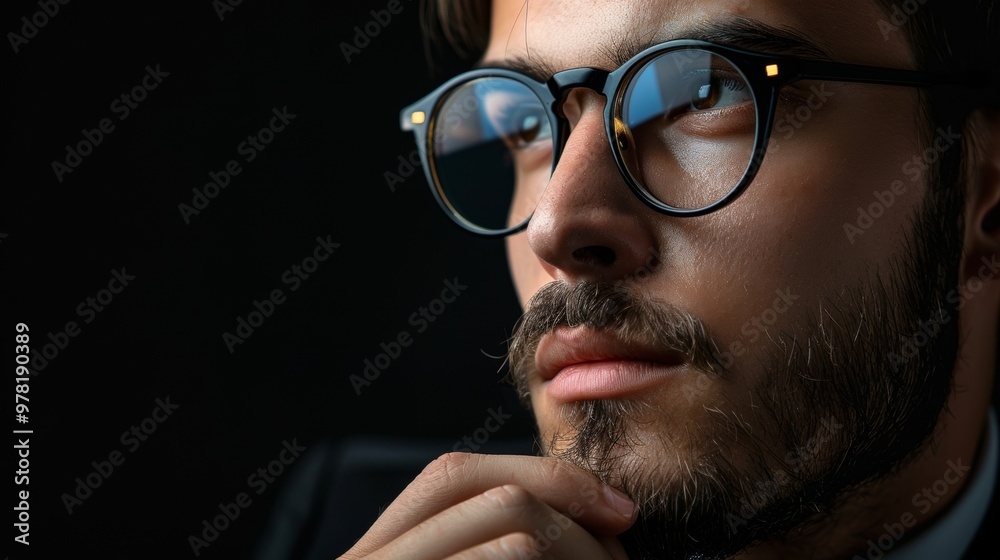 Close-up portrait of a thoughtful man wearing glasses in low light Close-up portrait of a thoughtful man wearing glasses in low light