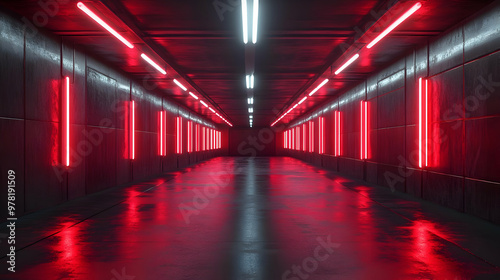 Red Neon Lights in a Long Corridor - 3D Illustration