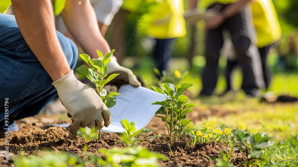 Naklejka premium Landscape architect managing the development of a new park, overseeing a team of workers planting trees and shrubs, and holding a blueprint to guide the green space design and planning. 