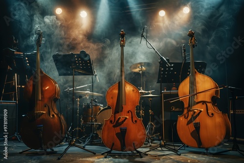 A collection of musical instruments, including double basses and guitars
