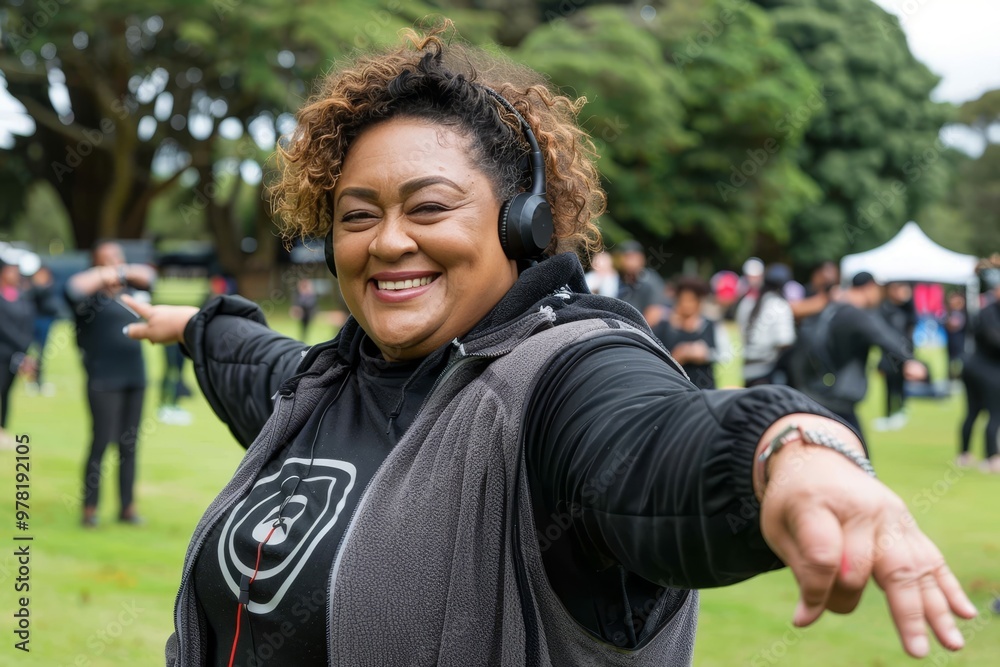 Obraz premium Joyful Movement Overweight Woman Dances Freely In The Park During Group Fitness Class