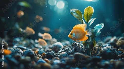 Golden fish swimming near plants in a dimly lit aquarium