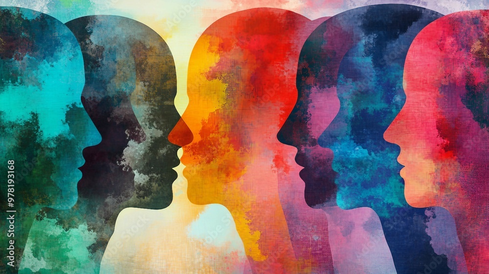 Vibrant Unity - Abstract Watercolor Human Profiles Collage Vibrant Unity - Abstract Watercolor Human Profiles Collage