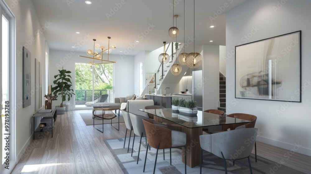 Fototapeta premium Elegant dining room with a glass table, contemporary chairs, and a statement light fixture enhancing the modern decor.
