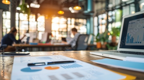 Wallpaper Mural Modern office with laptops and financial charts in focus Torontodigital.ca