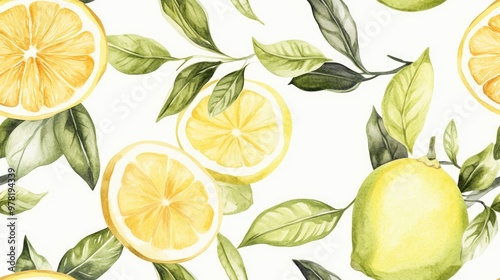 Vintage seamless watercolor pattern featuring hand drawn threads of lemon and lime accompanied by leaves Trendy design with citrus fruits including orange slices and lemon showcasing a branch ador