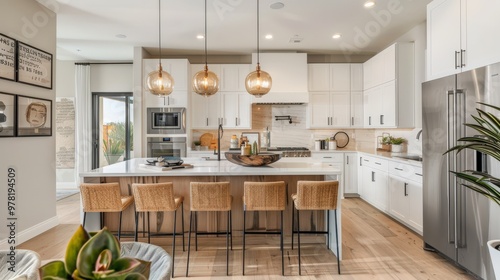 Modern kitchen featuring sleek white cabinets, stainless steel appliances, and a large island with bar seating.