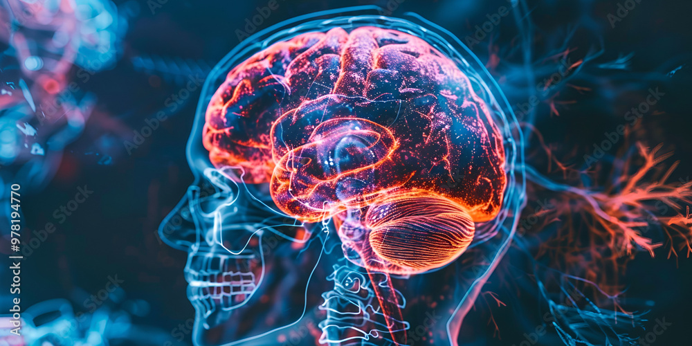 Digital brain scan with neural connections and activity, Futuristic brain visualization with glowing neural pathways